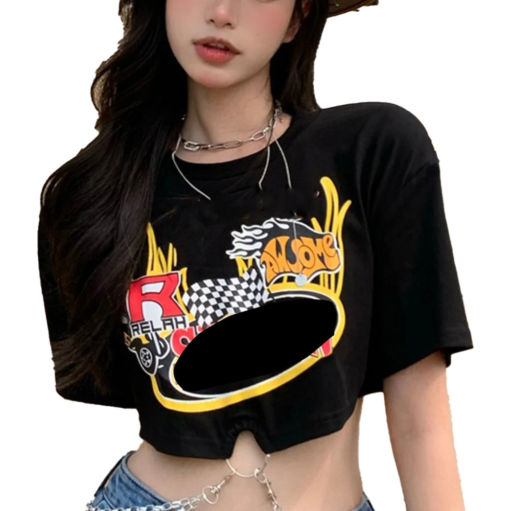 Women T Shirt Short Style Exquisite Cutting Fashionable Pattern Unique Chains Charming for Travel Vacation Black L