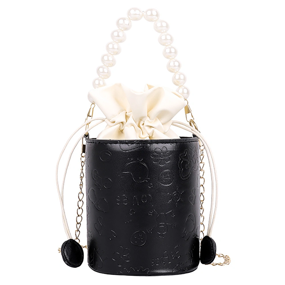 Drawstring Bucket Bag Retro Fashionable Elegant PU Leather Pearl Chain Shoulder Bag for Dating Black Free Size