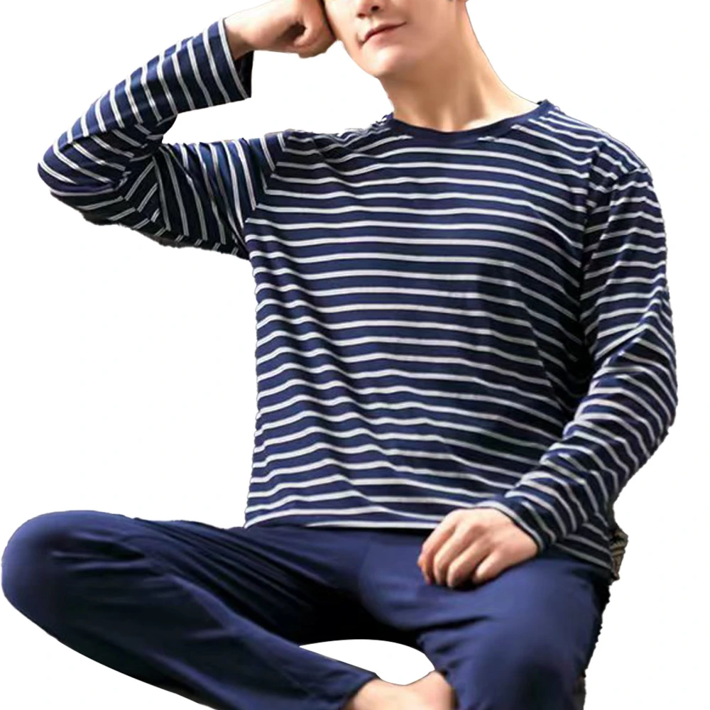 Men Pajamas Set Milk Fiber Long Sleeve Breathable Comfortable Men Striped Sleepwear Set B1 XL