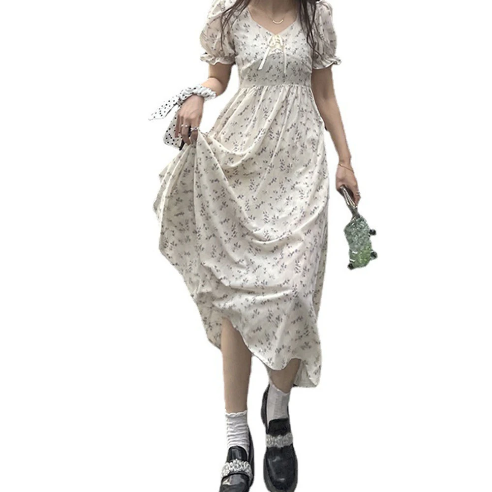 Women Puff Sleeve Floral Dress Fashionable Beautiful Gentle Soft Breathable Lady Dress for Summer Long Style L