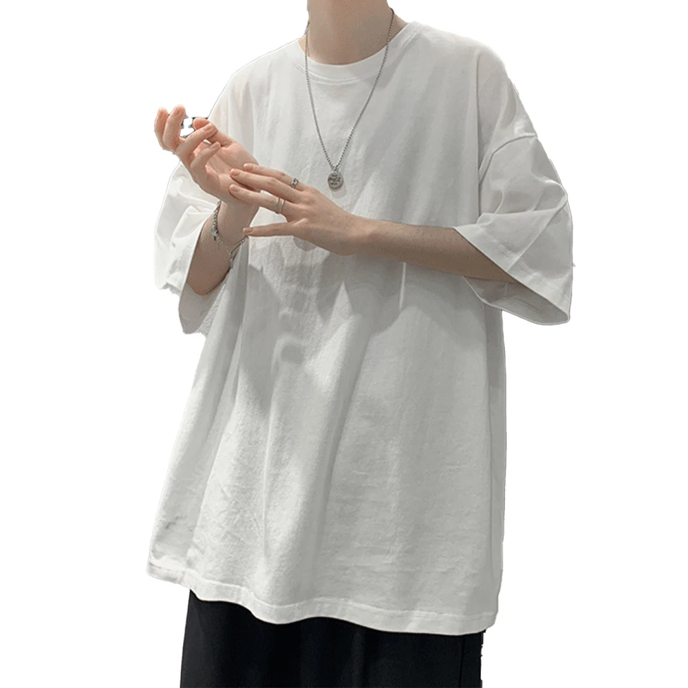 Men Loose T Shirt Half Sleeve Casual Solid Color Harajuku Style Polyester Top Clothing White 2XL