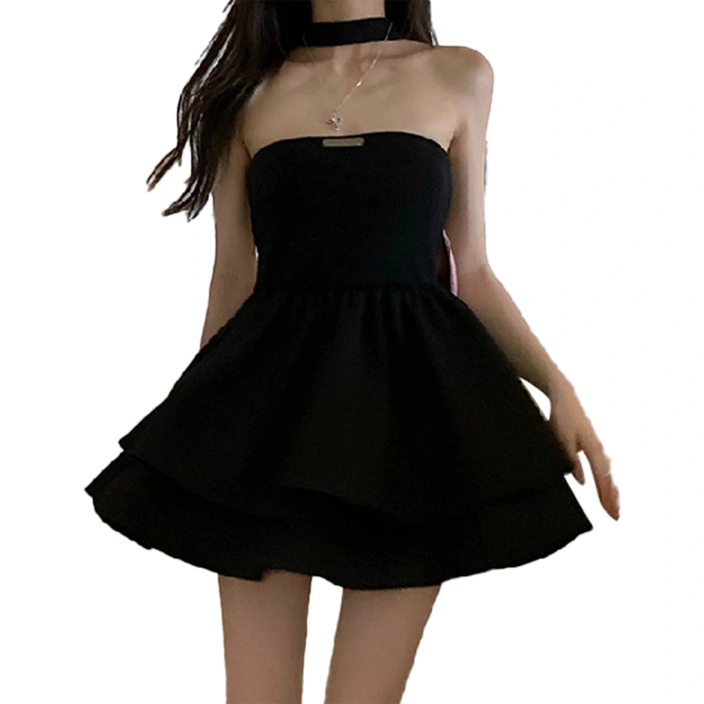 Women Short Dress Backless Sleeveless Halter Neck Cute Bowknot Mini Dress for Dating Shopping Black L