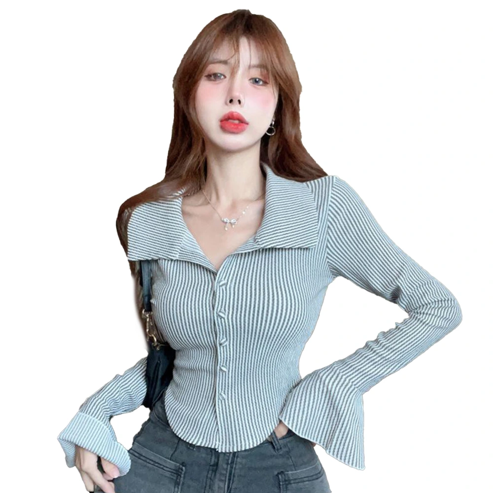 Women Shirt Flared Sleeve Shirt Charming Pure Color Blouse Autumn Winter Bottom Shirt Stripe Top Black S