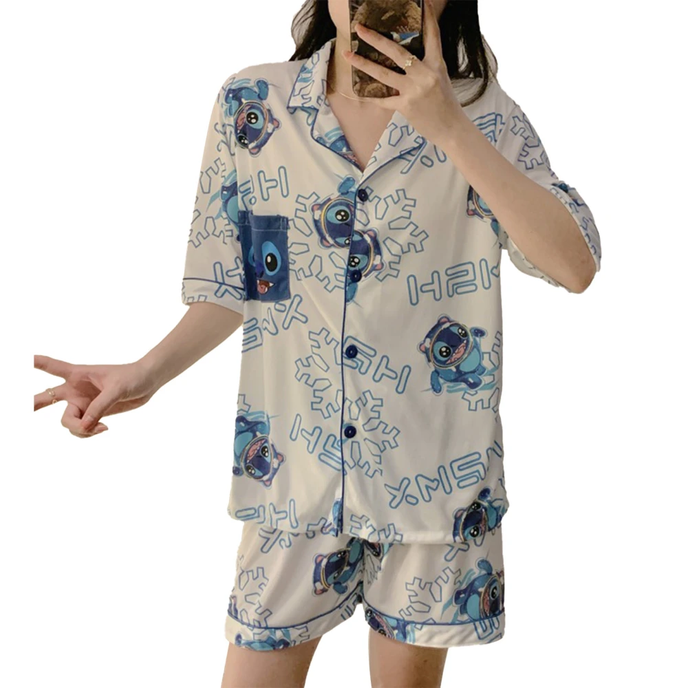 Women Short Sleeves Sleepwear Cute Carton Pattern 2 Piece Women Short Sleeves Silk Pajamas for Summer Home Cartoon Pattern L