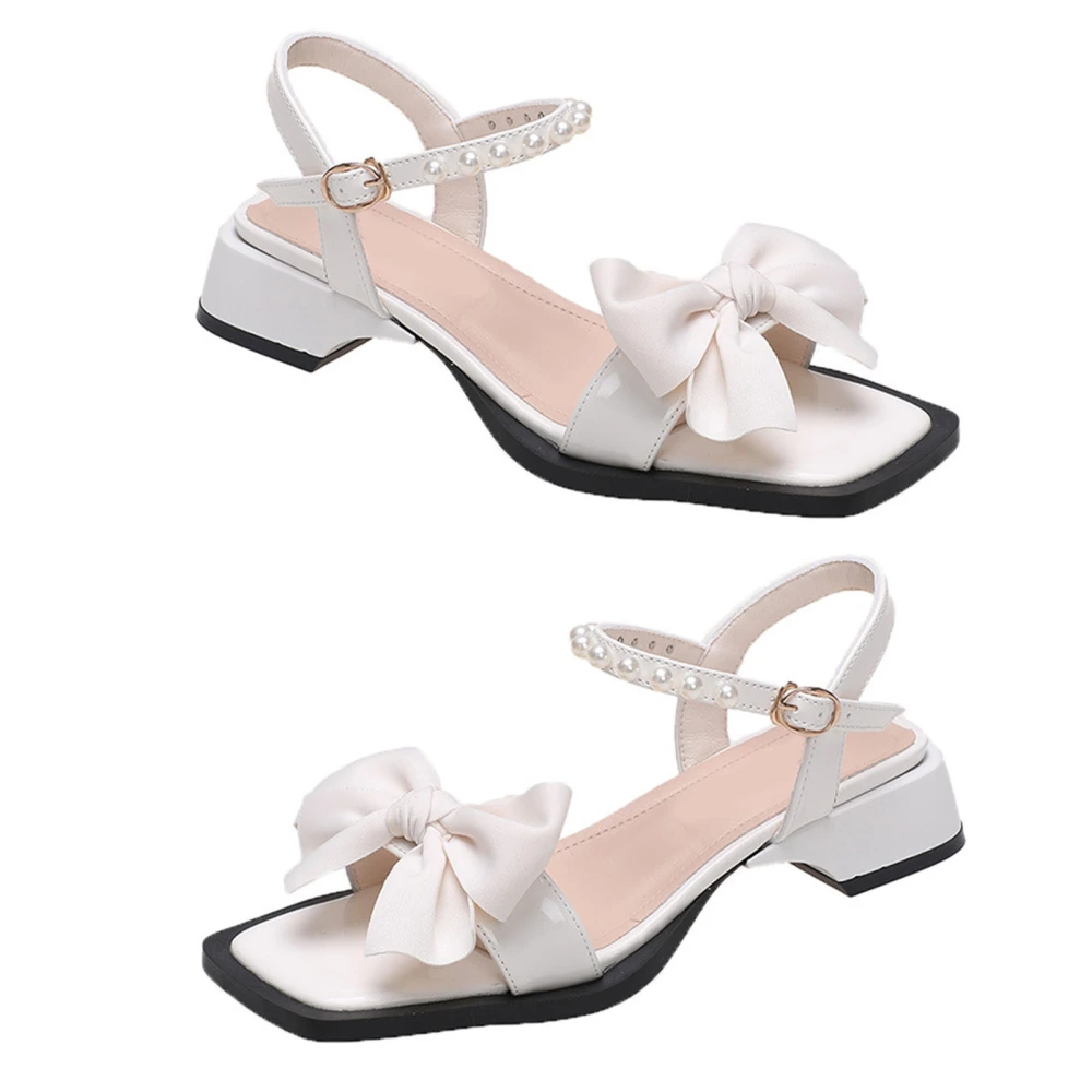 Women Open Toe Sandal Bowknot Decor Fake Pearl Trim One Band Ankle Strap Summer Low Heeled Sandal White 37