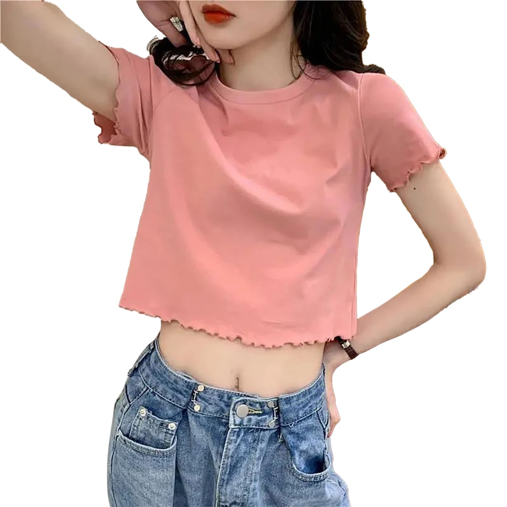 Women Butterfly Embroidery Shirt Short Sleeve Round Neck Crop Top Slim Fit Sweet Summer Tee Shirt Pink M