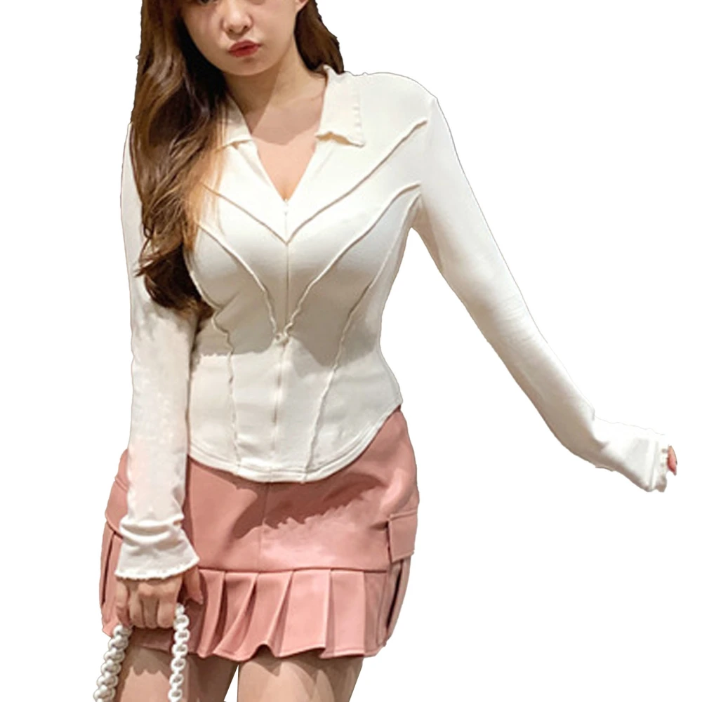 Spring Autumn Women T Shirt Turn Down Collar Close Fitting Long Sleeve Ziper Up V Neck Top for Women Girls Apricot M