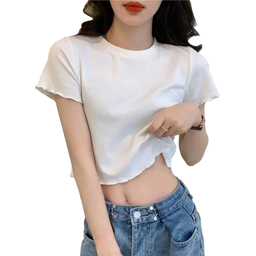 Women Butterfly Embroidery Shirt Short Sleeve Round Neck Crop Top Slim Fit Sweet Summer Tee Shirt White L