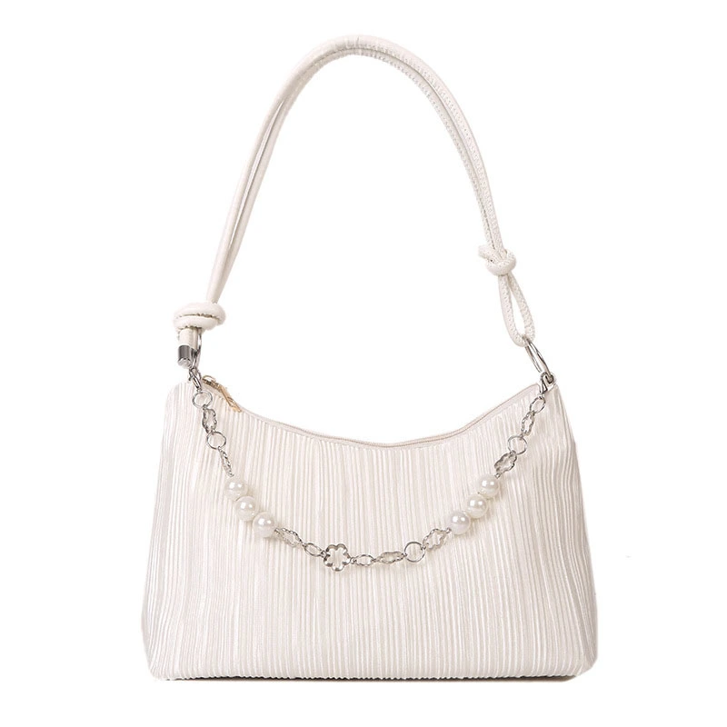 Link Pleated Shoulder Bag Pure Color Link Large Capacity Trendy PU Single Shoulder Bag for Women Summer White 11 X 7.5 X 1.2in