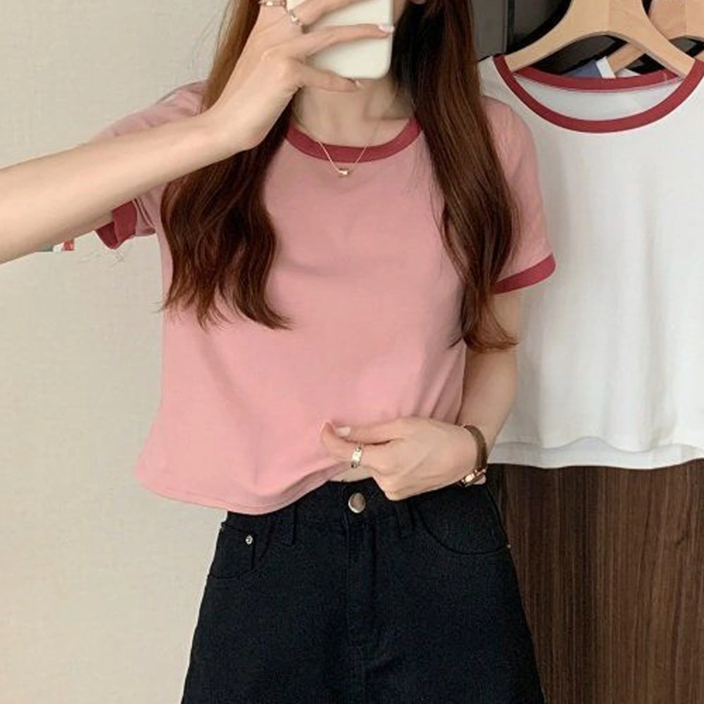 Short Sleeve T Shirt Crewneck Contrast Color Versatile Trendy Women Casual Summer Top Pink L