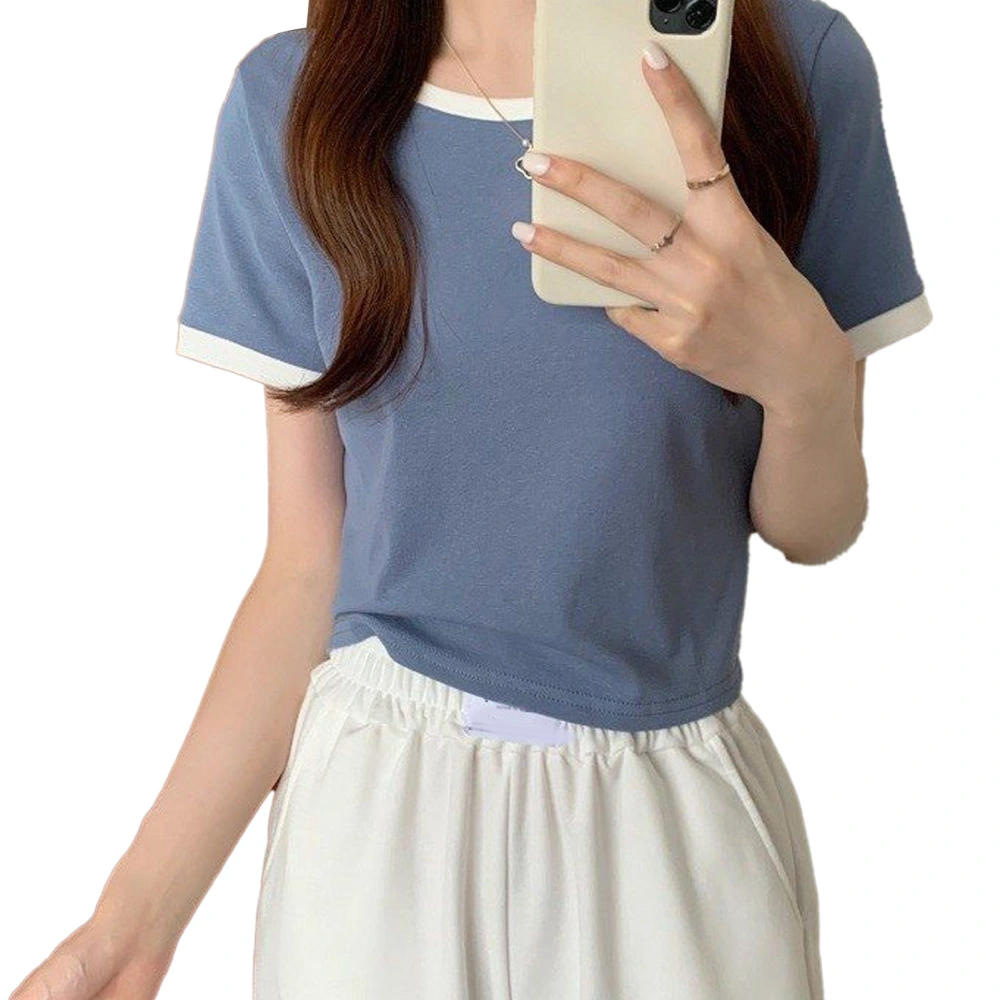 Short Sleeve T Shirt Crewneck Contrast Color Versatile Trendy Women Casual Summer Top Blue L