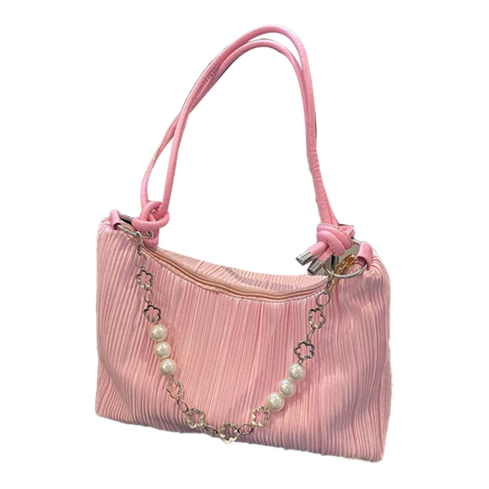 Link Pleated Shoulder Bag Pure Color Link Large Capacity Trendy PU Single Shoulder Bag for Women Summer Pink 11 X 7.5 X 1.2in