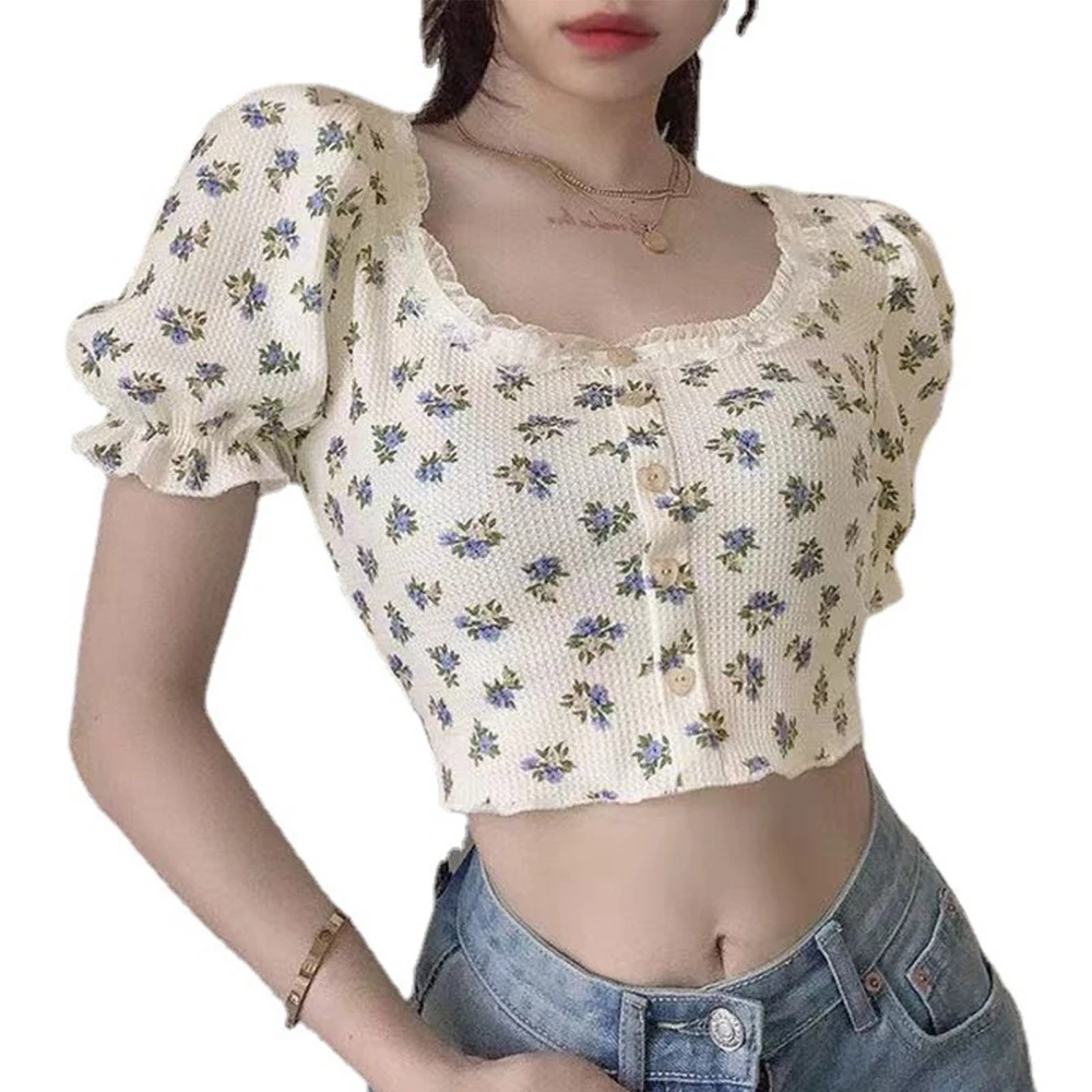 Short Puff Sleeve Top Floral Lace Trim Collar Slim Fit Retro Fashionable Women T Shirt for Summer Blue L