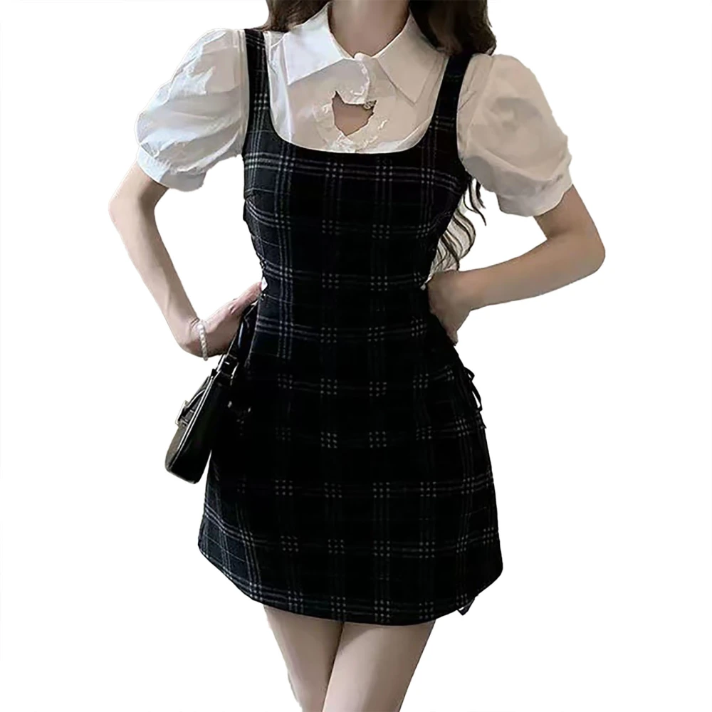 Suspender Overall Dress Plaid Vintage Puff Sleeve Turn Down Collar Shirt Short Dress Set for Summer Overall Dress with Top (Set) M