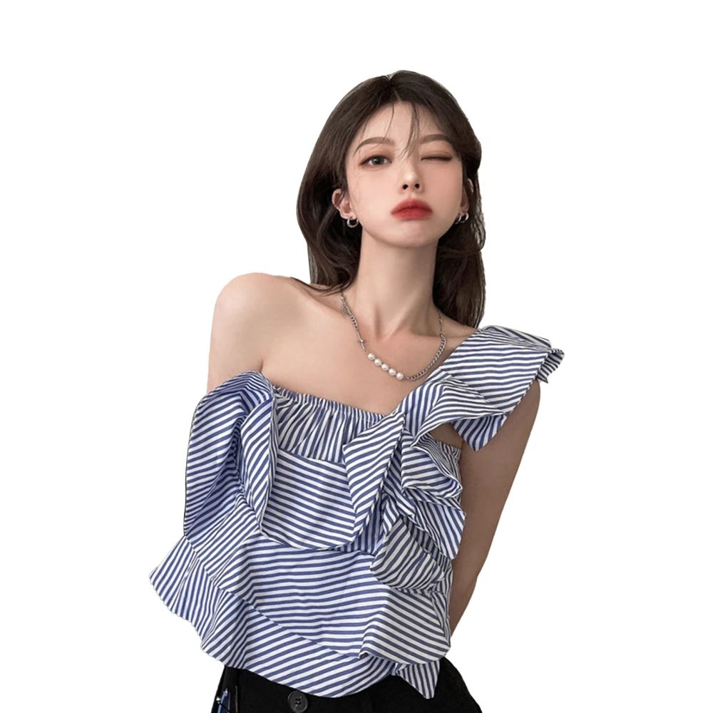 Women Striped Single Shoulder Shirt Irregular Sleeveless Shirred Back Ruffle Decor Trendy Girlish Blouse Stripe Print M