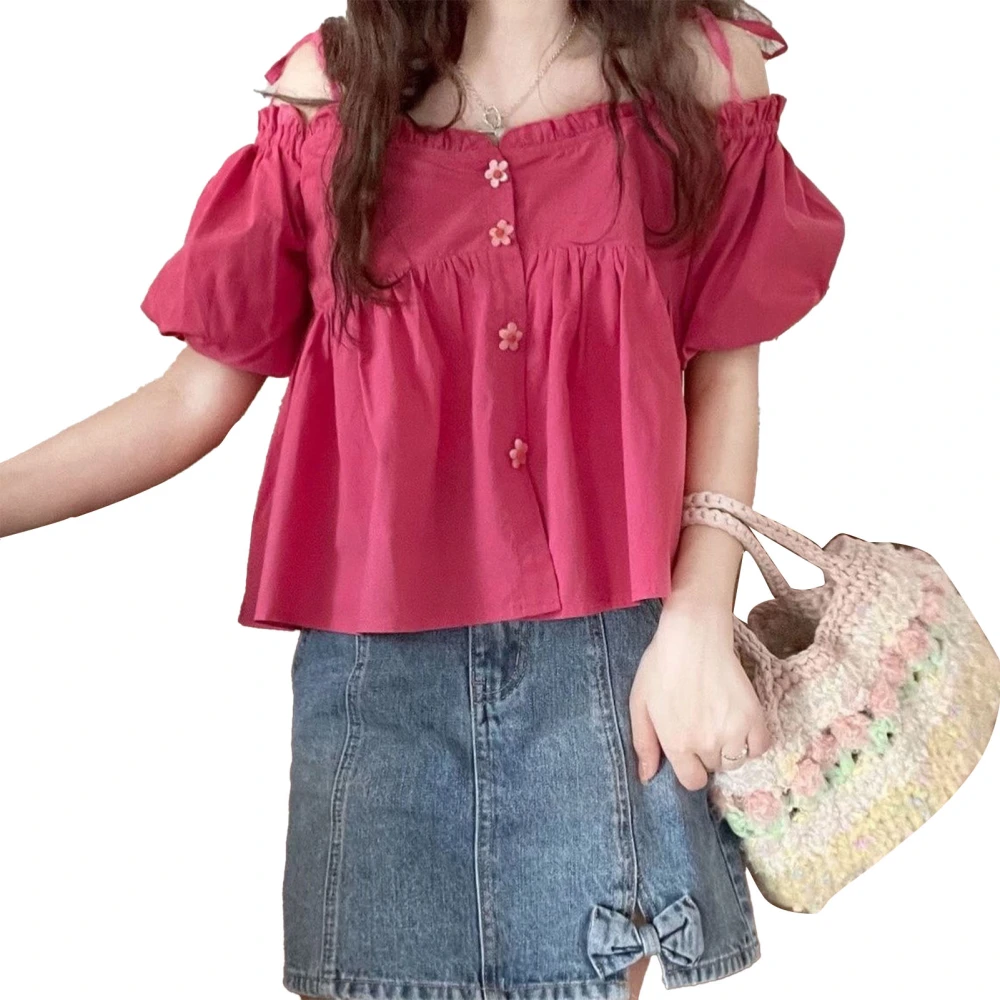 Girls Short Sleeve Top Cold Shoulder Tie Top Flower Buttons Frill Trim Women Casual Top for Summer Red L