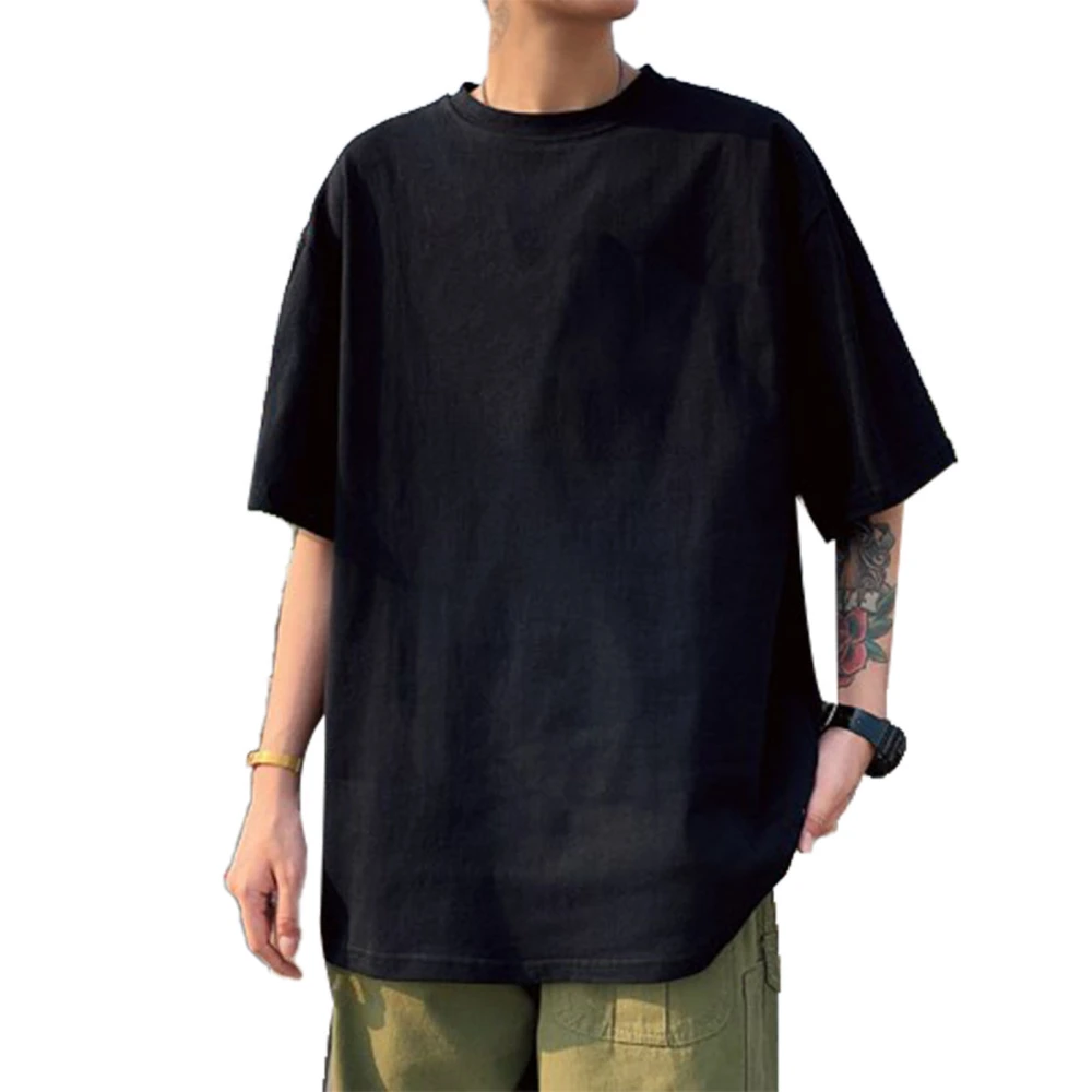 Man Printed Shirt Drop Shoulder Half Short Sleeve Round Neck Loose Fit T Shirt for Summer Black 2XL