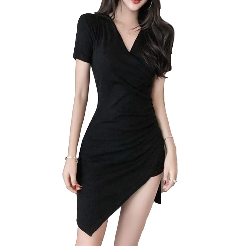 V Neck Dress Fashion Slim Bodycon Short Sleeve Solid Color for Women Summer Vacation Work Party Black L