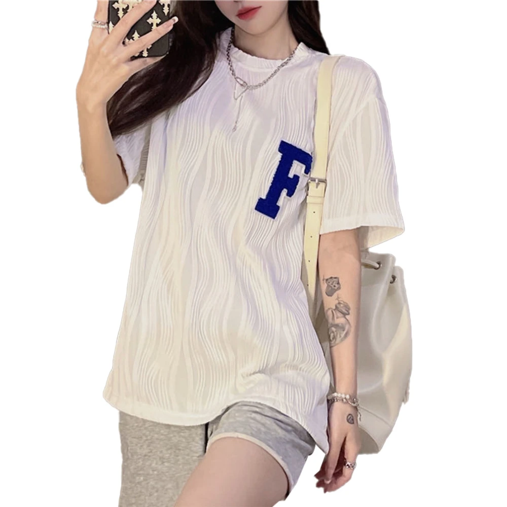 Women Short Sleeve Top Round Neck Letter Embroidery Stylish Versatile Loose Summer Half Sleeve T Shirt White L