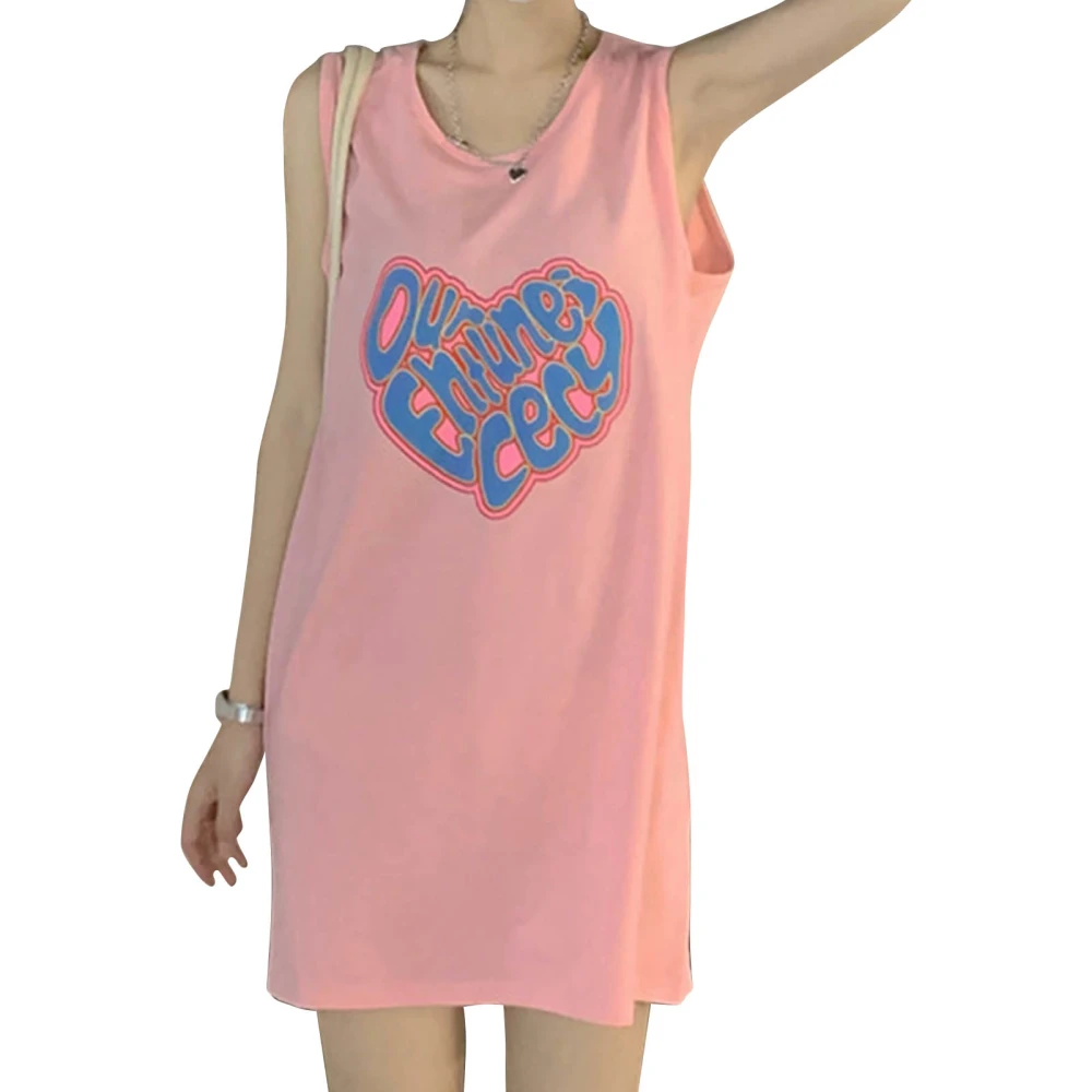 Sleeveless Short Dress Round Neck Heart Printing Loose Fit Cute T Shirt Dress for School Casual Dating Pink S