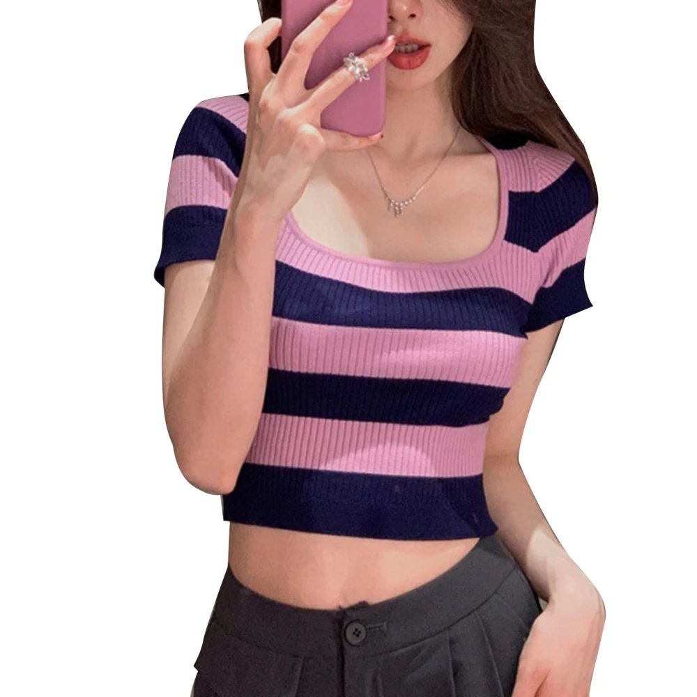 Women Ribbed Knit Short Sleeve T Shirts Fashion Casual Slim Fit Contrast Color Stripes Women Rib Short Sleeve Tops Purple Free Size