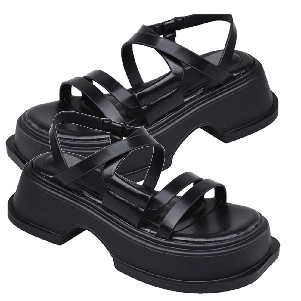 Women Casual Strappy Sandals Flat Platform Open Toe Thick Sole Pure Color Casual PU Sandals Black 38