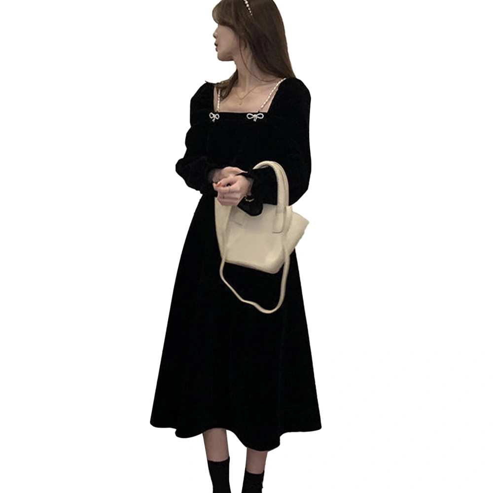 Women Velvet Maxi Dress Long Sleeve Pure Color Artificial Pearl Straps Vintage Flowy Dress Black S