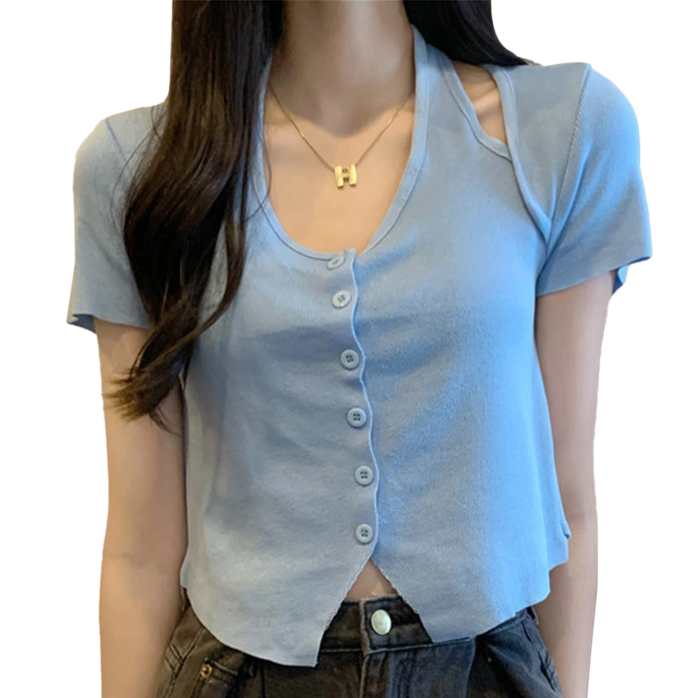 Women Knit Top Ice Silk V Neck Short Sleeve Top Fashionable Loose Summer Tops for Office Dating Blue Free Size