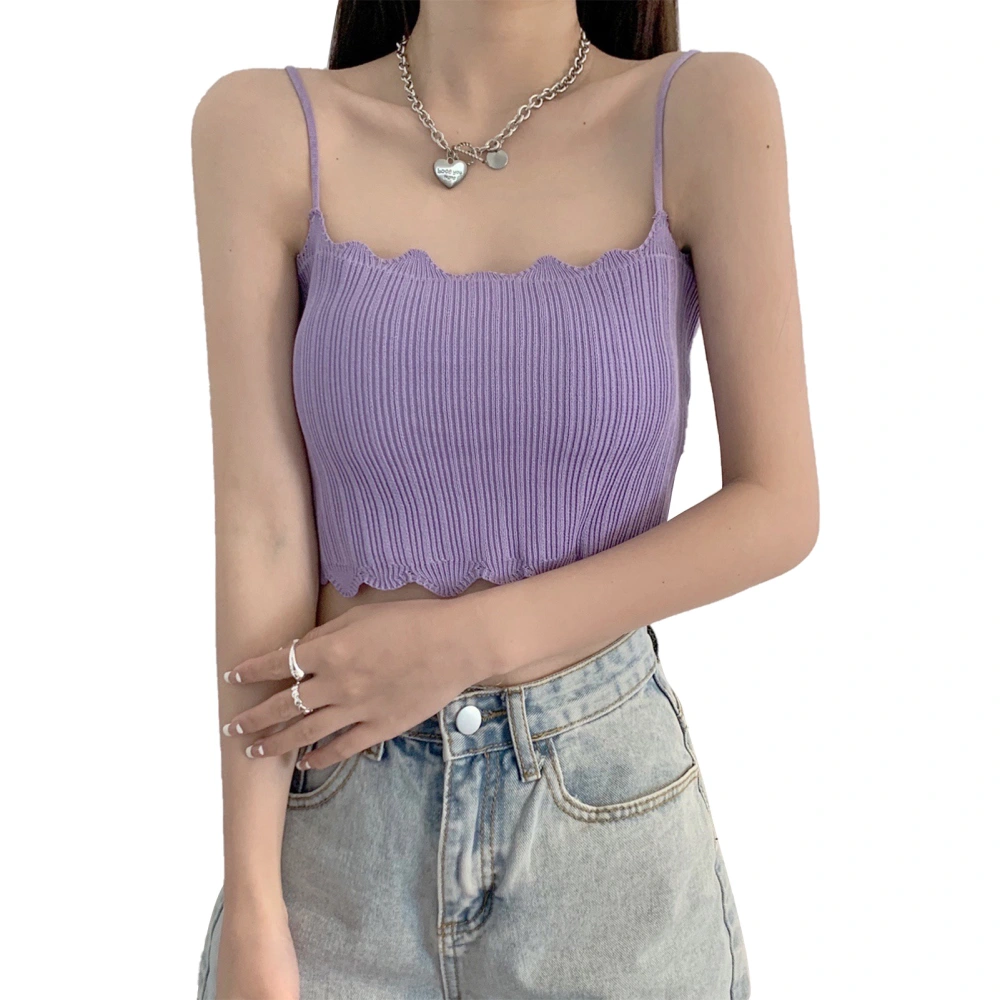 Women Spaghetti Strap Tank Tops Summer Fashionable Pure Color Slim Fit Wavy Edges Women Sleeveless Strappy Tops Purple Free Size (37.5‑60kg/82.7‑132.3lb)