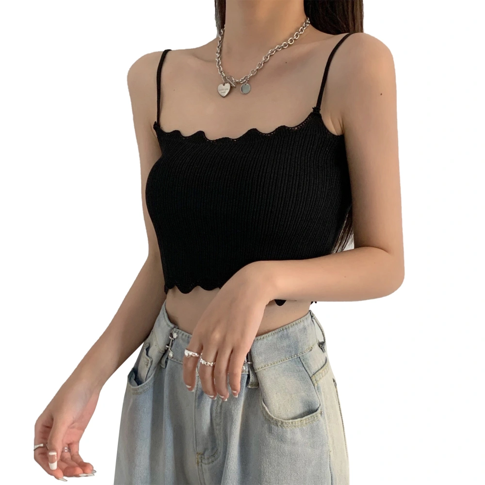 Women Spaghetti Strap Tank Tops Summer Fashionable Pure Color Slim Fit Wavy Edges Women Sleeveless Strappy Tops Black Free Size (37.5‑60kg/82.7‑132.3lb)