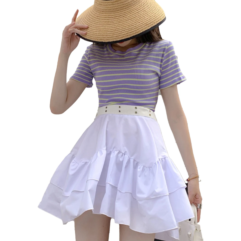 Women Striped T Shirt Round Neck Slim Fit High Waist Back Tie Lady Short Sleeve Top for Summer Purple M