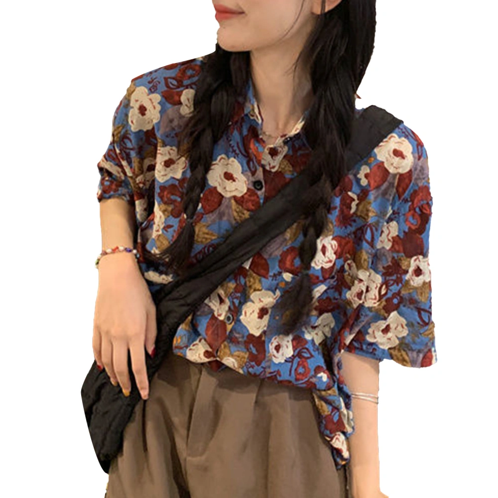 Short Sleeve Turn Down Collar Shirt Women Loose Retro Button Up Floral Print Top Blouse with Pocket Floral Print Short Sleeve Shirt M