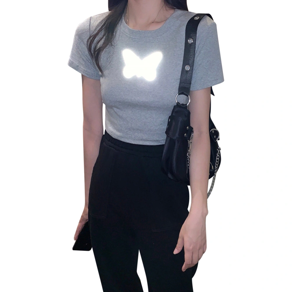 Women Crop Top Short Sleeve Reflective Butterfly Comfortable Summer T Shirt for Home Shopping School Grey L