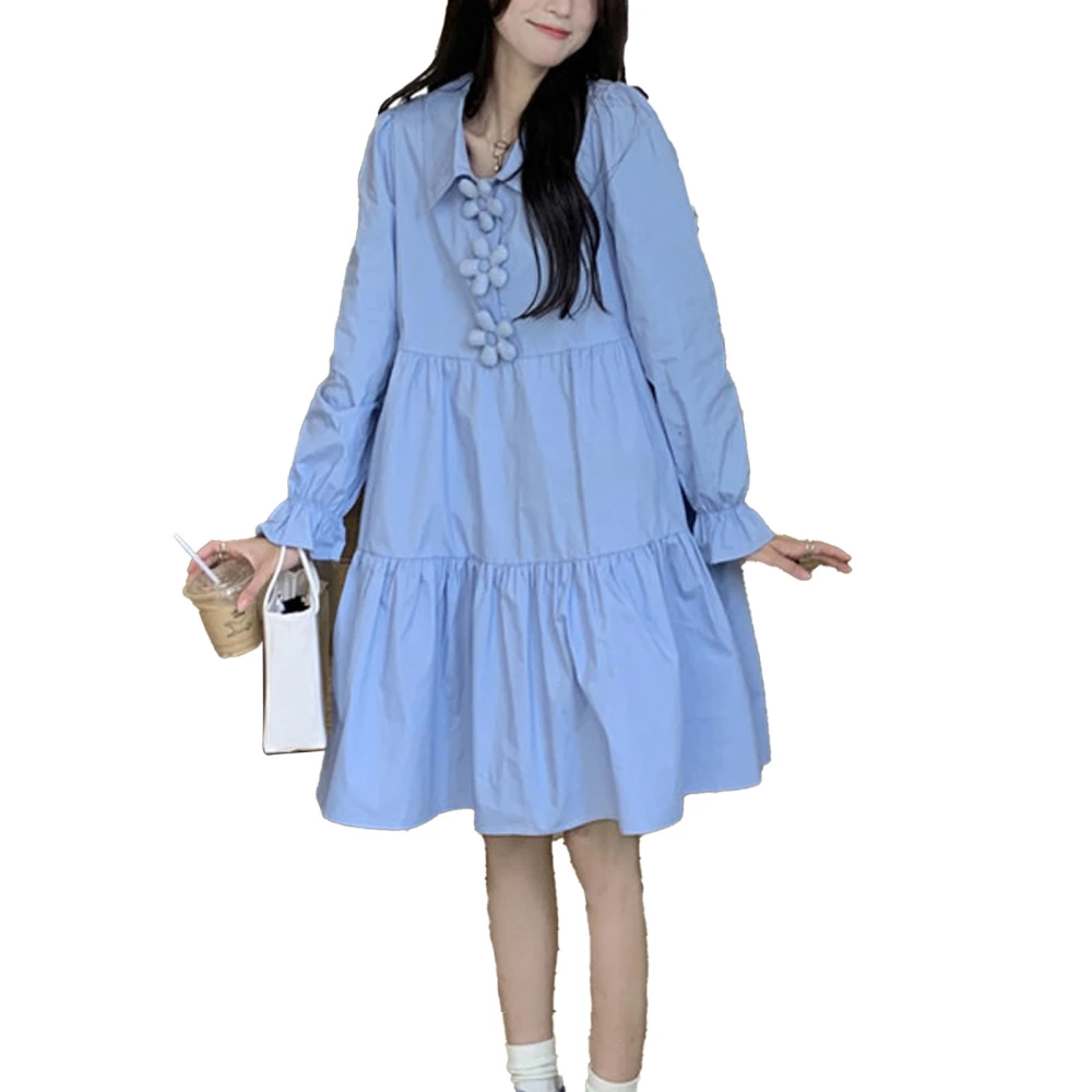 Women Dress One Piece Pure Color Casual Fit Comfortable Skirt Long Sleeves for Summer Travel Blue L