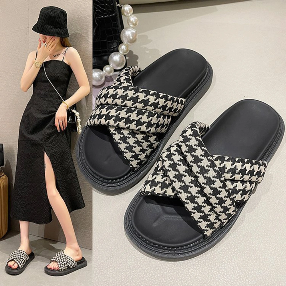 Women Cross Slipper Fashionable Casual Thick Sole Women Platform Slipper for Summer Houndstooth Black 37