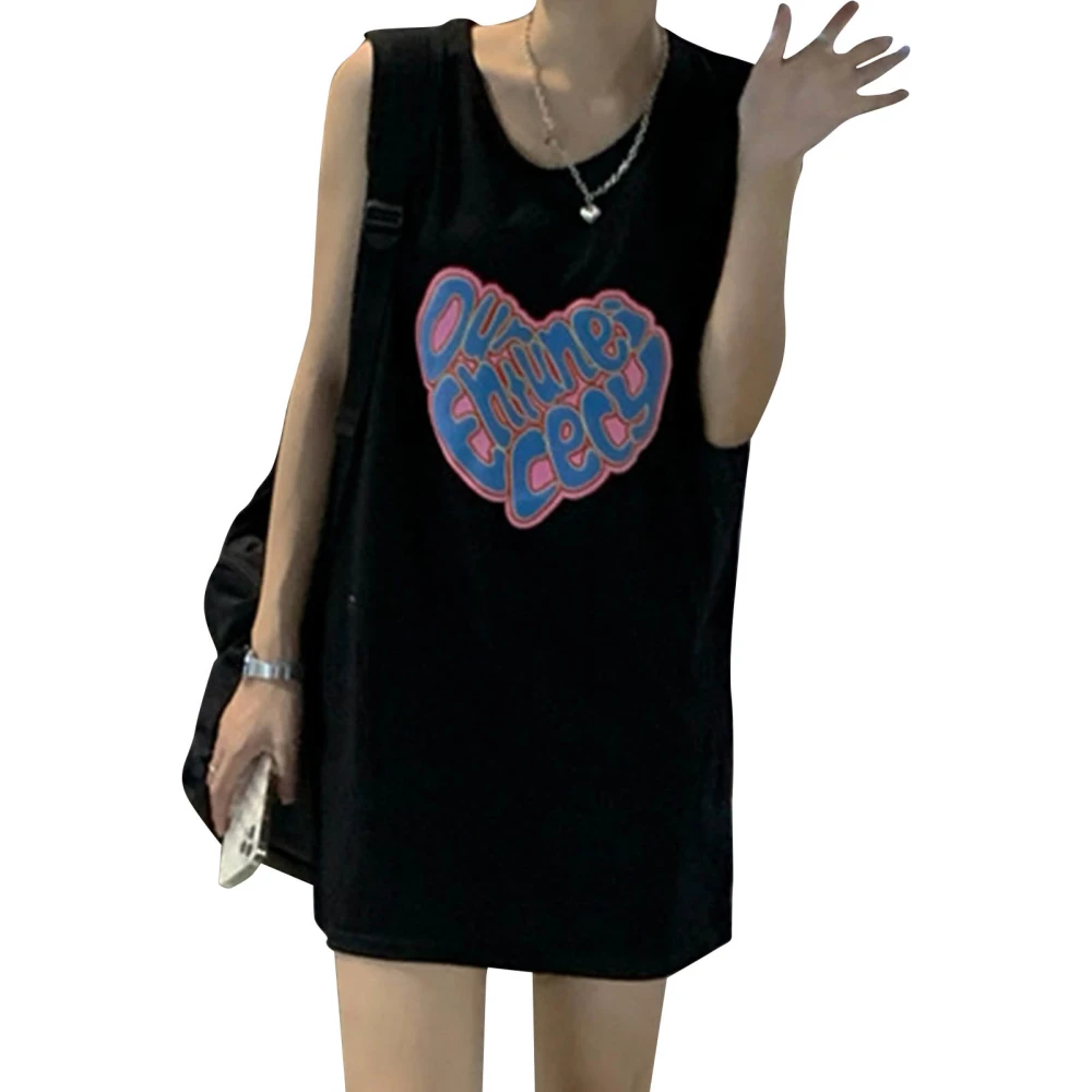 Sleeveless Short Dress Round Neck Heart Printing Loose Fit Cute T Shirt Dress for School Casual Dating Black L