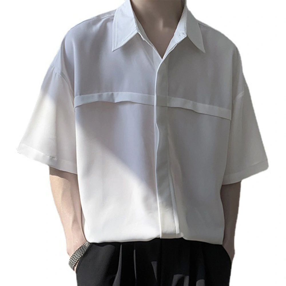 Half Sleeved Shirt Turn Down Collar Plain Color Male Front Button Half Sleeved Shirt for Summer Gentlemen White 2XL