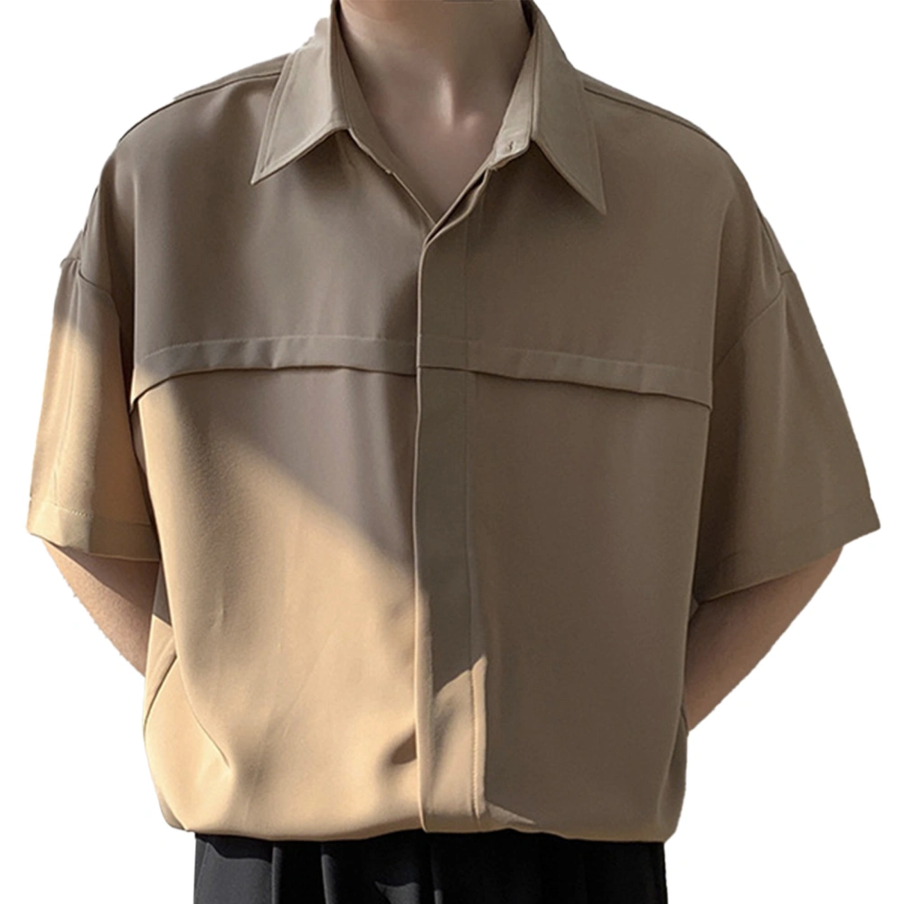 Half Sleeved Shirt Turn Down Collar Plain Color Male Front Button Half Sleeved Shirt for Summer Gentlemen Khaki XL