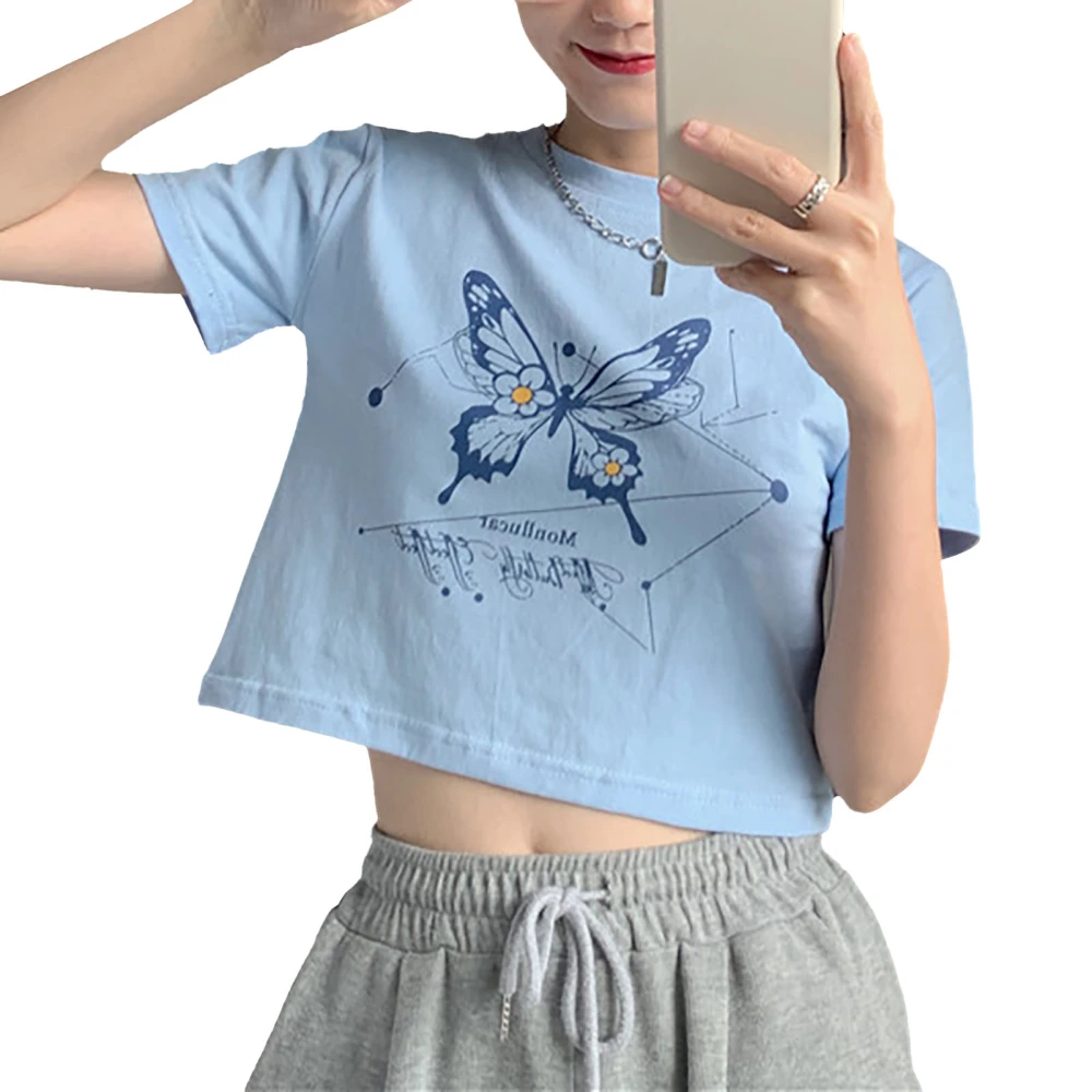 Women Short Tee Korean Fashion Original Perennial Style T Shirt Top for Summer Sisters Light Blue M