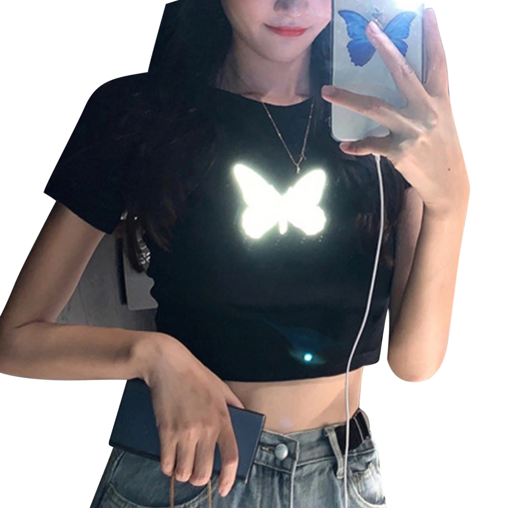 Women Crop Top Short Sleeve Reflective Butterfly Comfortable Summer T Shirt for Home Shopping School Black M