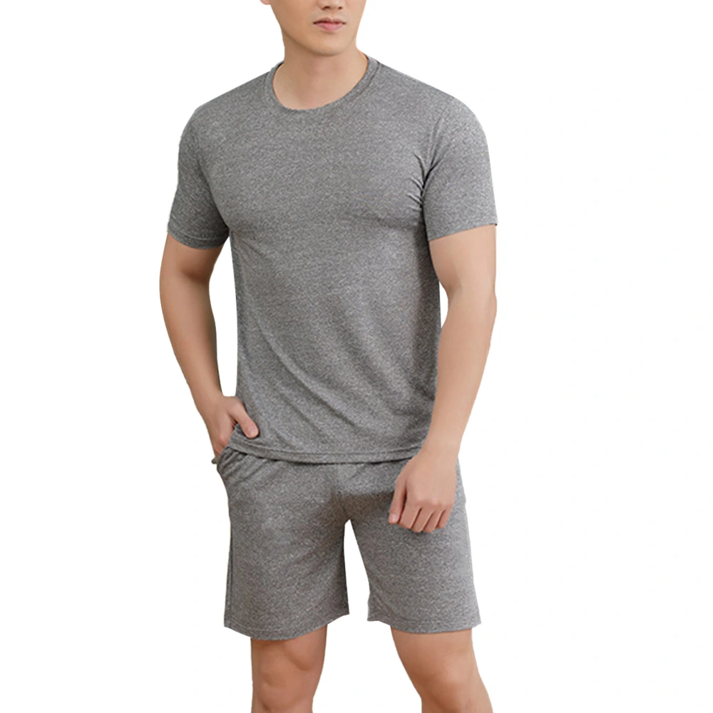 Men Pajamas Set Short Sleeve Round Neck Top Elastic Waist Pocket Shorts Men Casual Summer Loungewear Gray L (50-57.5kg)