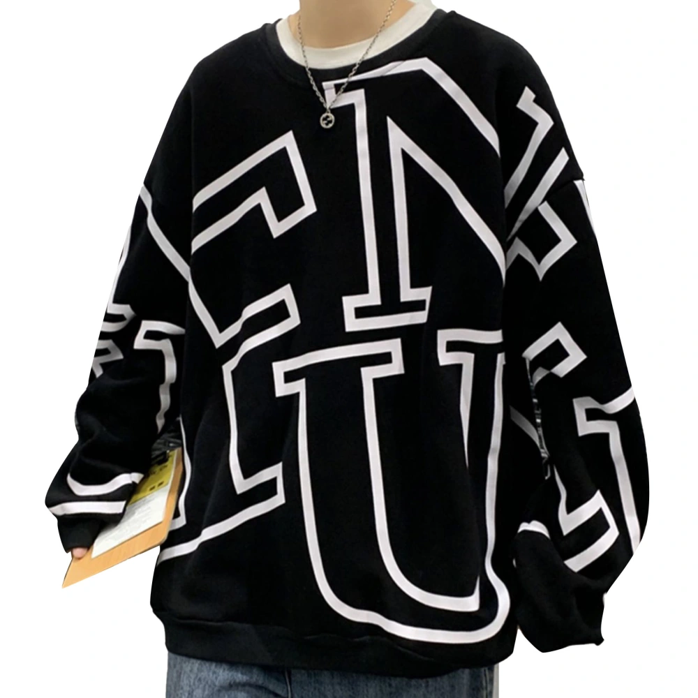 Men Long Sleeve Top Round Neck Fashionable Breathable Moisture Absorbing Alphabet Pattern Pullover Sweatshirts Black L