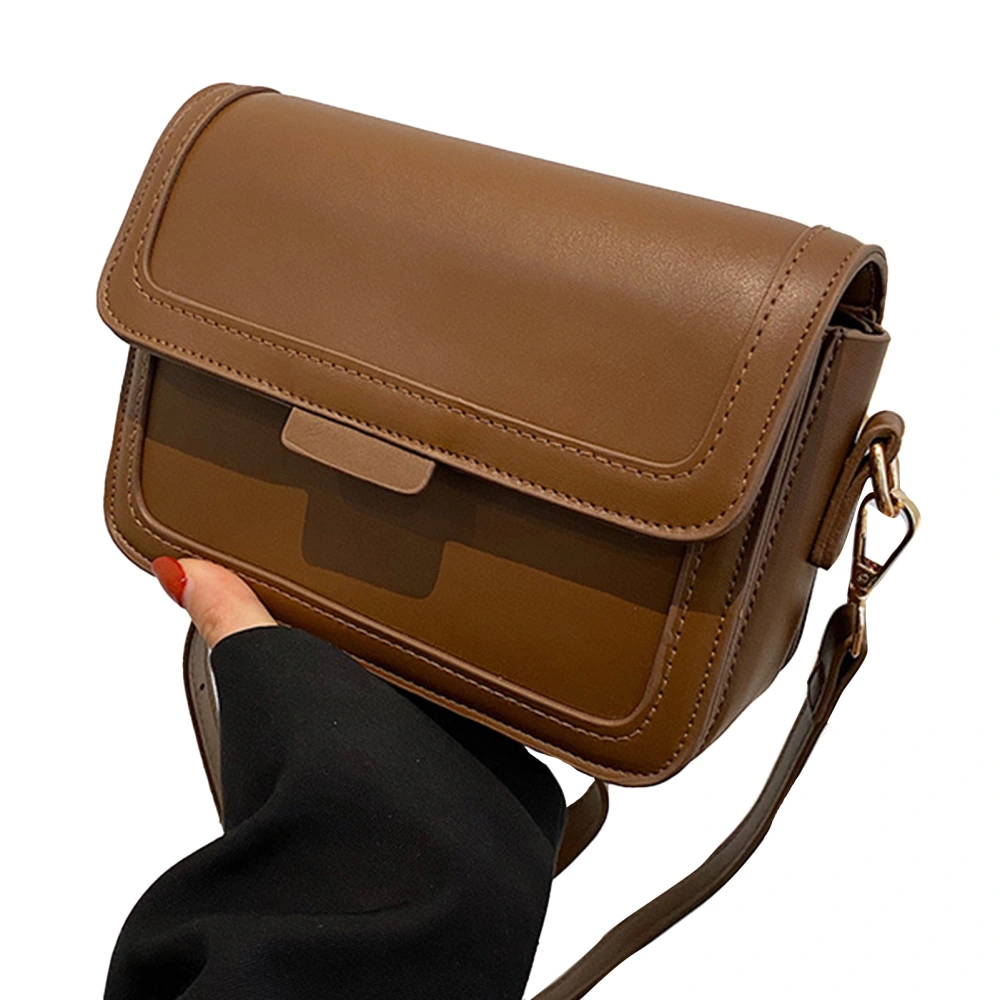 PU Messenger Handbag Color Block Fashionable Adjustable Belt PU Leather Messenger Bag for Women Lady Girl Brown Free Size