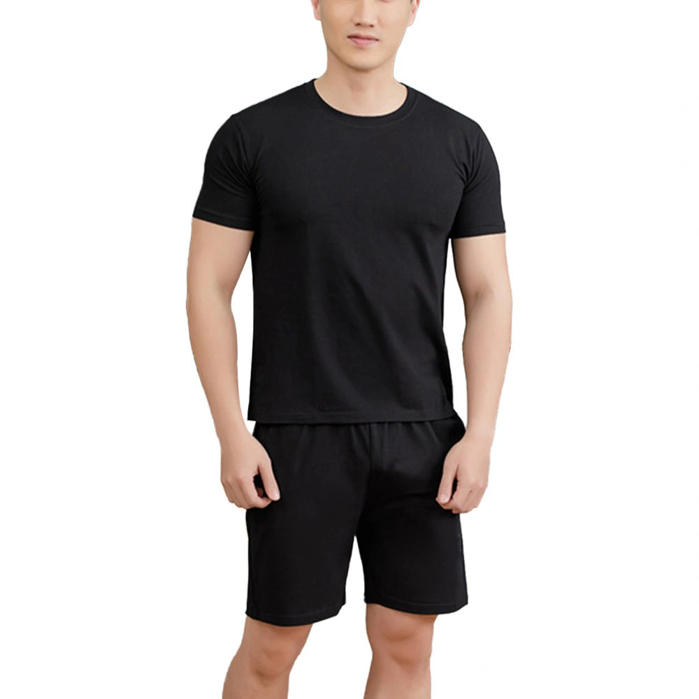 Men Pajamas Set Short Sleeve Round Neck Top Elastic Waist Pocket Shorts Men Casual Summer Loungewear Black L (50-57.5kg)