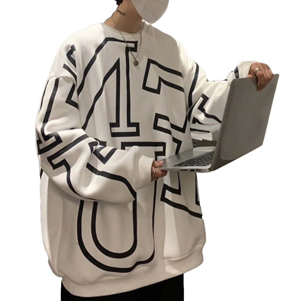 Men Long Sleeve Top Round Neck Fashionable Breathable Moisture Absorbing Alphabet Pattern Pullover Sweatshirts White L