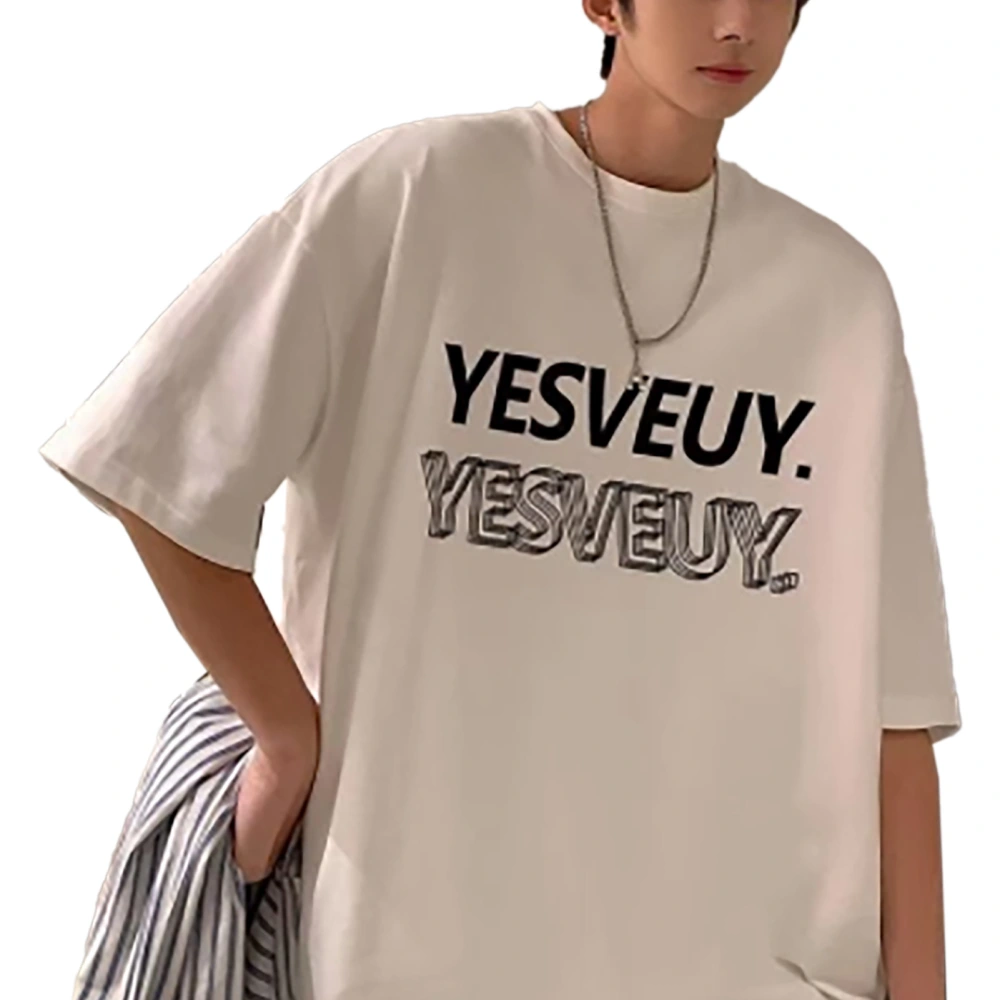 Short Sleeve Men T Shirt Fashionable Vintage Comfortable Breathable Round Neck Tee Top for Exercising White L