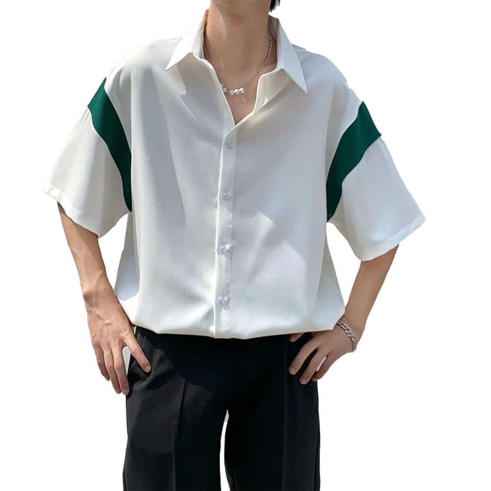 Men Shirt Half Sleeve Button Down Simple Style Comfortable Loose Fit Polyester Blouse Green XL