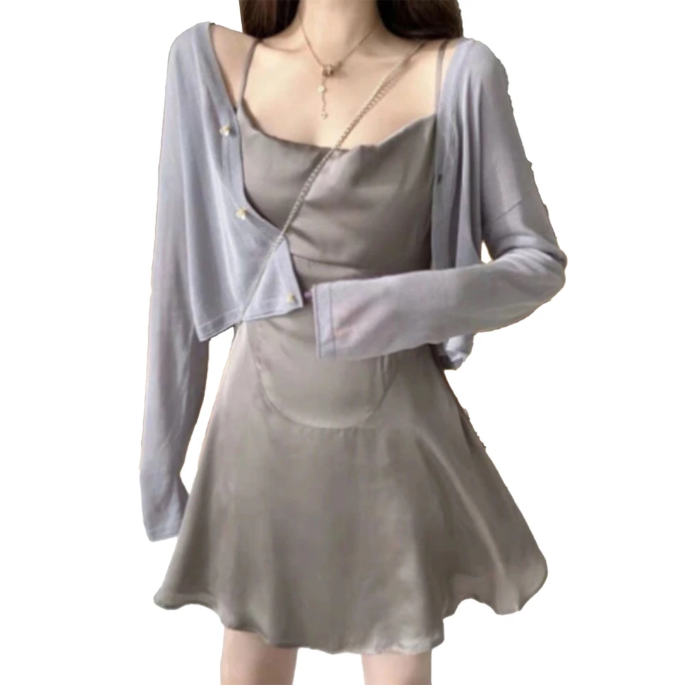 Women Open Front Top Long Sleeve Button Up Breathable Versatile Ice Silk Lady Open Front T Shirt for Summer Gray One Size (37.5-60kg / 82.7-132.3lb)