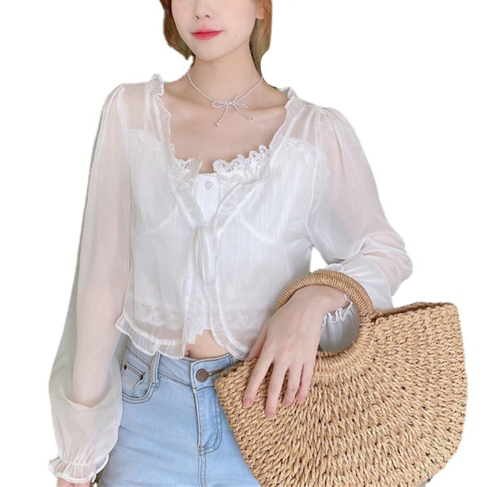 Chiffon Open Front Top Long Sleeve Strap Tie Sweet Style Sun Protection Clothing Women Cropped Open Front Shirt White 35‑67.5kg