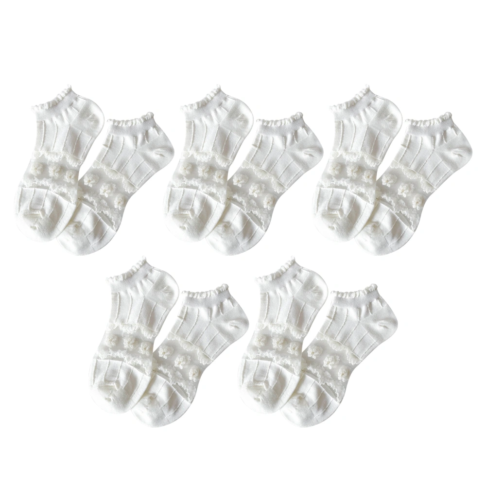 5 Pair Women Short Socks Top Trim Lace Stitching Elastic Nylon Comfortable Breathable Ankle Socks White 0124 Free Size